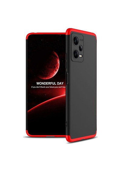 Noktaks - Redmi Note 12 5g Uyumlu Kılıf Parmak İzi Tutmayan Alt Üst Geçmeli 3 Parça Ays Kapak - Siyah-kırmızı - T26498