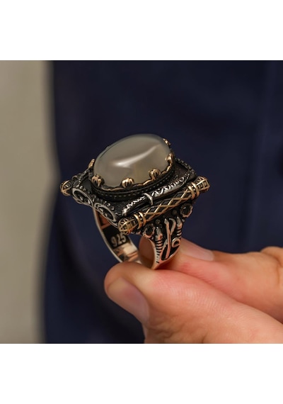Oval Yemen Akik Taşlı Elifvav 925 Ayar Gümüş Yüzük Beyaz