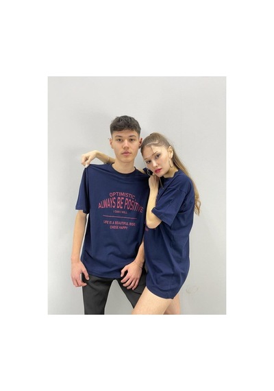 Flood Of Style Unisex Tshirt Lacivert Optımıstıc Baskılı Sevgili Çift Kombini 2 'li Set
