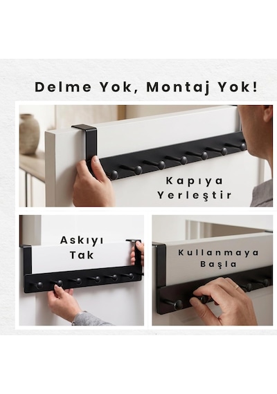 Metal Mat Siyah Kapı Arkası Askılık 7 Kancalı Amerikan Tipi Organizer Askı, Banyo Ve Oda Kapıları İçin Pra Diğer