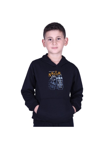 Fyk Kids Kapüşonlu Kanguru Cepli Skater Baskılı Erkek Çocuk Sweatshirt Siyah