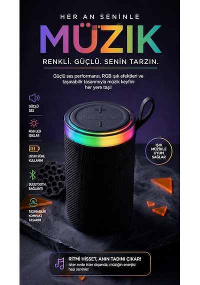 BS-13 RGB LED Işıklı Taşınabilir Bluetooth Hoparlör Yüksek Sesli Kablosuz Speaker AUX USB SD Kart Destekli Şarjlı