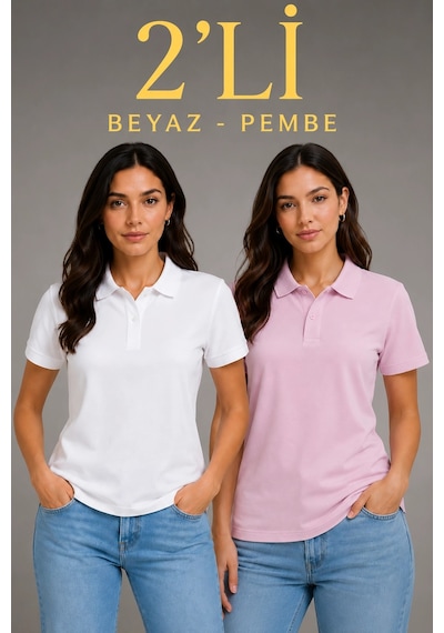 Novalisse 2'li Kadın Polo Yaka Pike Kumaş Düğmeli Basic Tişört Günlük Rahat Kesim - Beyaz, Pembe Çoklu Renk