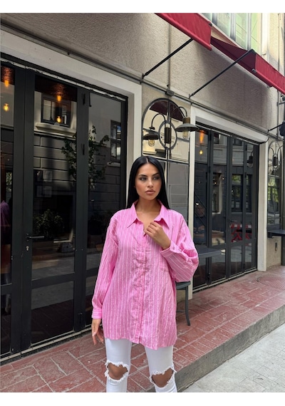 WeShaya Pembe Çizgili Oversize Düğmeli Gömlek Pembe