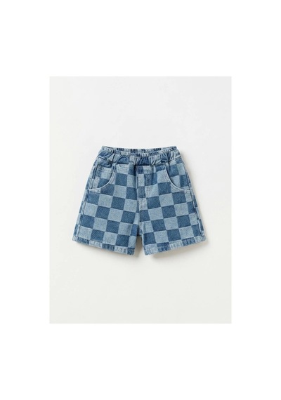 Poala Kids Damalı Denim Balloon Şort Mavi