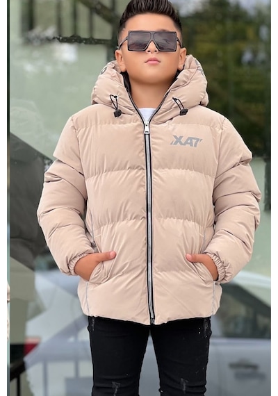 Pina Kids Erkek Çocuk Kapüşonlu Baskılı Reflöktör Detaylı Nova Kumaş Kışlık Şişme Mont Km4017 Bej