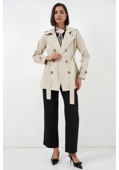 Hiccup Bdart Kısa Kemerli Polyester Trençkot, Gömlek Yakalı Bej Doğal