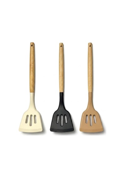 30 Cm Bambu Saplı Silikon Delikli Spatula, Yapışmaz Tava Ve Tencereler İçin Esnek Uçlu Mutfak Spatulası, Krep Omlet Balık Pancake Çevirici, 3 Renk Asorti Karışık Gönderim
