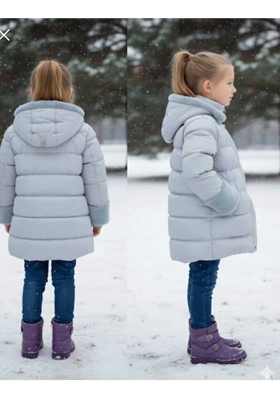 Boutiguestyles Kız Çocuk Şişme Mont Kürklü Gri Sedefli Işıltılı Çıkarılabilir Kapüşonlu Fermuarlı Gri mavi