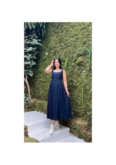 Moda Banuş Çilek Kumaş Kemer Detaylı Midi Boy Lacivert Elbise