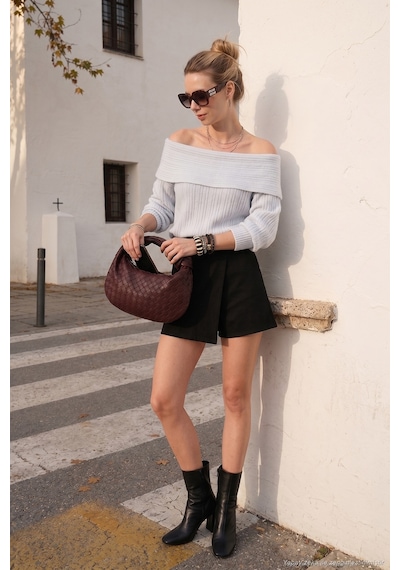 Lela Oversize Fit Madonna Yaka Triko Bayan Kazak 4615216 Açık Gri