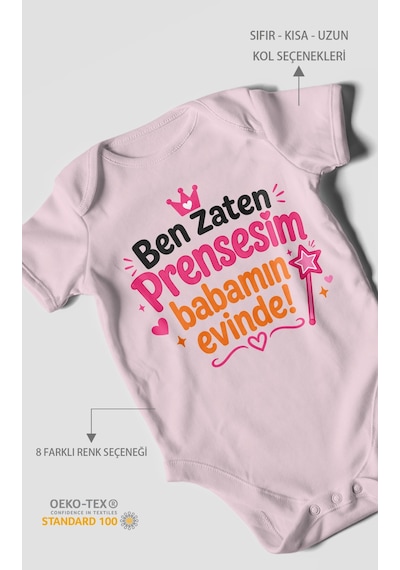 Morivokids Ben Zaten Prensesim Babamın Evinde Kısa Kollu Bebek Body %100 Pamuk Bebe Pembe