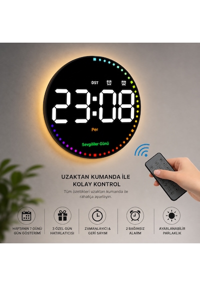 Uzaktan Kumandalı Led Dijital Duvar Saati Büyük Ekran, Ayarlanabilir Parlaklık, Çift Alarm, Sessiz Çalışma, Modern Şık Tasarım Mat Siyah