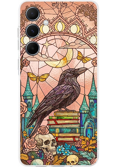 Printify Samsung Galaxy A56 İle Uyumlu Vitray Bilge Kuzgun Tasarımlı Şeffaf Silikon Kılıf Şeffaf