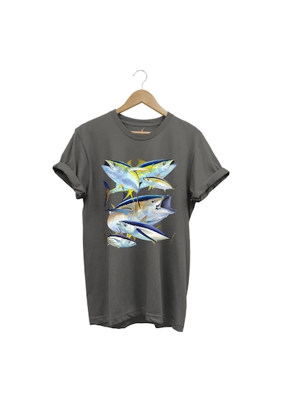 Balık Desenli Gümüş Balığı Baskılı %100 Pamuk Regular Fit Bisiklet Yaka Gri T-shirt Gri