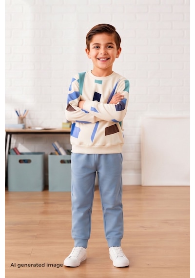 Pina Kids Erkek Çocuk Geometrik Desenli Okul Günlük Eşofman Takımı Esf7038 Mavi
