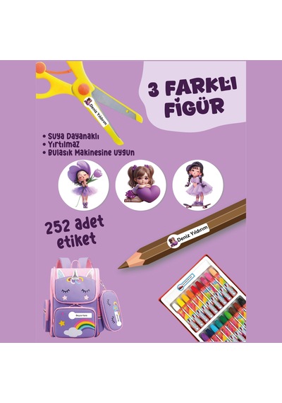 Okul Etiketi Kalem Defter Etiketi Mor Rüyalar Kızı Özel İsim Yazılabilen Etiket - 252adet