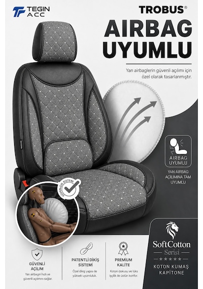 Renault Kangoo Combi 2008-2021 Uyumlu Softcotton Serisi Füme - Siyah Oto Koltuk Kılıfı