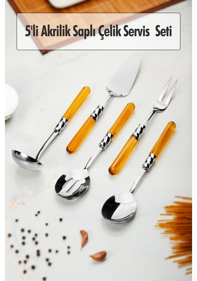 5 Parça Platin Servis Seti & Servis Sunum Seti Amber Kepçe / Kevgir / Sıpatula / Çatal / Kaşık Renk