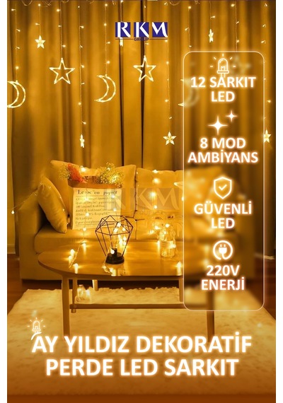 Dekoratif 8 Modlu Ay Yıldız Perde Led Gün Işığı Ramazan Süsleme Işık Hilal Yıldız Fişli Saçak Led Gün Işığı