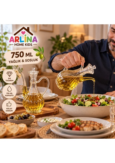 2'li 750 Ml Çizgili İbrik Model Cam Yağlık Seti-akasya Standlı
