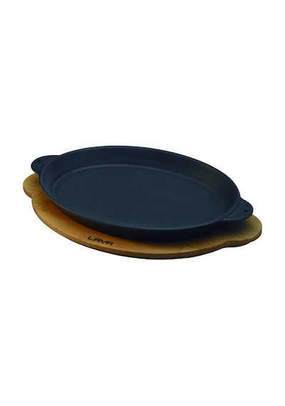 Lava Döküm Oval Fajita Tavası. Kulplu ve Ahşap Altlıklı
