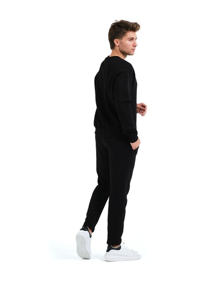 Justever Bisiklet Yaka Nakışlı Şardonlu İçi Polarlı Siyah Erkek Sweatshirt - Volar Siyah