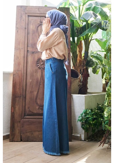 1153-denim Püsküllü Pantolon Etek Koyu Mavi Koyu Mavi