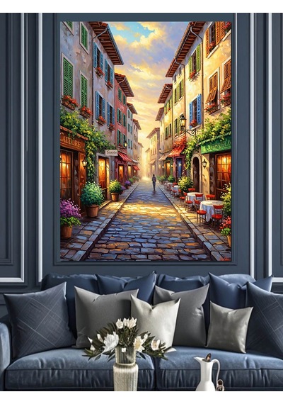 Ahşap Tablo Çiçekli İtalyan Sokağı Manzarası