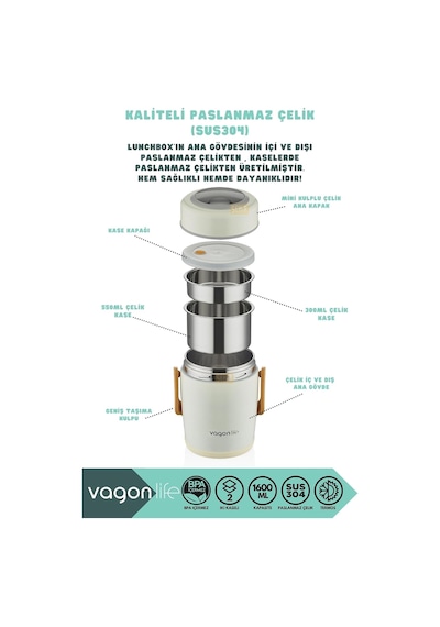 Vagonlife Bento 1600ml Lunchbox 2 Kaseli 4-6 Saat Sıcak/soğuk Termos Özellikli Çelik Sefer Tası Yemek Kutusu Beyaz Çok Renkli Vagonlife Bento 1600ml Lunchbox 2 Kaseli 4-6 Saat Sıcak/soğuk Termos Özellikli Çelik Sefer Tası Yemek Kutusu Beyaz Çok Renkli