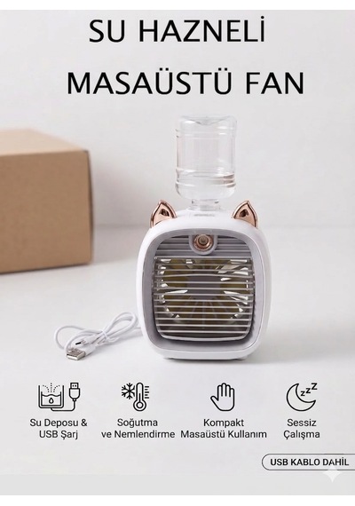 Su Hazneli Mini Fan Şarj Edilebilir Masaüstü Sevimli Kedi Fan - 1 Adet