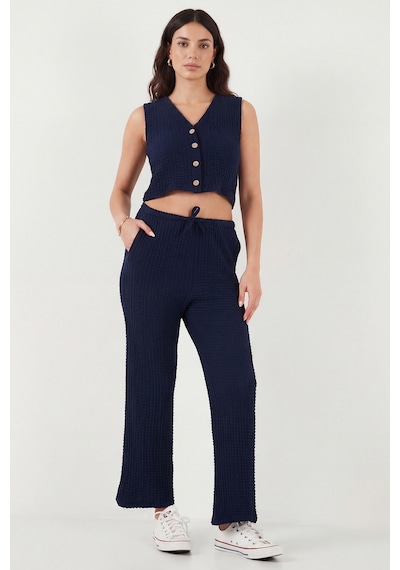 Lela Regular Fit V Yaka Yelek-pantolon Gofre Takım Bayan Takım 5866484 Lacivert