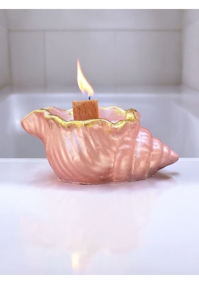 İstiridye Deniz Kabuğu Simli Pembe İncili Kokulu Mum Ahşap Fitilli Mum Simli Açık Pembe