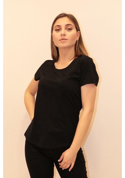 Rich Kadın Bisiklet Yaka T-shirt %100 Pamuk Tişört SIYAH