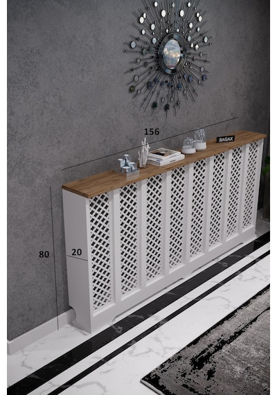 Petek Kaplama Modern Radyatör Kapatma Ünitesi Ön Panel Mdf Tasarım İç Ölçü 156 Cm Dış Ölçü 160 Cm Petek 156 Beyaz Üstü Çam D3
