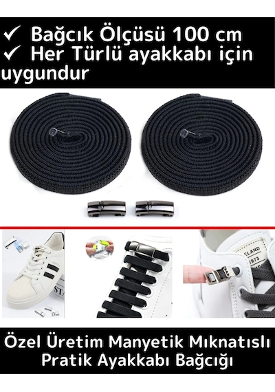 Premium Çocuk Genç Yetişkin Pratik Şık Klipsli Manyetik Mıknatıslı Lastikli Ayakkabı Bağcığı 1 Çift Çok Renkli