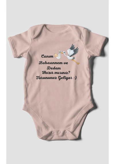 Canım Babannem Ve Dedem Hazır Mısınız Baskılı Bebek Zıbını Çıtçıtlı Body %100 Pamuk Kısa Kol Pastel Pembe