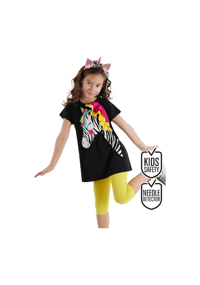 Zebracorn Siyah Sarı Fırfılı Kız Çocuk Yazlık T-Shirt Tunik Tayt Takım
