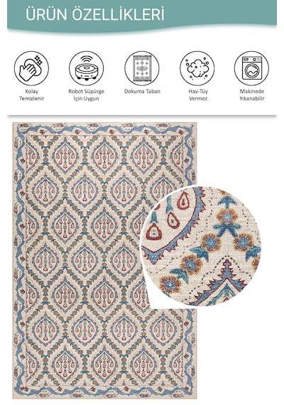 Nora Krem / Mavi Vintage Dokulu Geometrik Desenli Dokuma Tabanlı Şönil Halı Al 479 Bej
