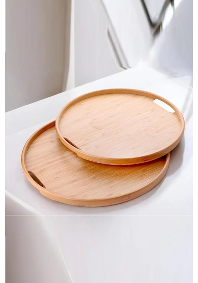 2'li Bambu Tepsi Seti, İnce Tasarım Özel Üretim Yuvarlak 2'li Bambu Tepsi Seti 35x35 & 38x38 Açık Bej