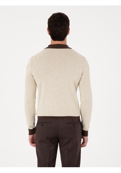 Cacharel Kahverengi Slim Fit Pamuk Karışımlı Fermuarlı Polo Yaka Triko Kazak