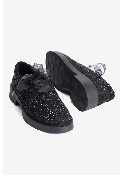 Mubiano Kadın Süet Loafer Oxford Taşlı Tül Bağcıklı Pera Siyah
