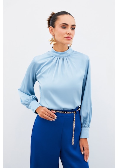 Sateen Yaka Detaylı Saten Bluz - Bebe Mavi-134912 Bebe Mavi