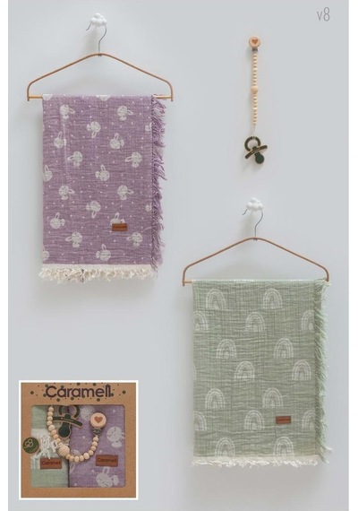 Caramell Basıc İkili Müslin Battaniye Emzik Askısı Üçlü Kutulu Set-100x120 Cm Crm.v8.2486 Çok Renkli