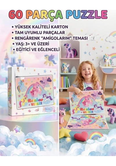 60 Parça Puzzle İle Sihirli Unicornların Dünyasında Gökkuşağı Macerası Eğitici Puzzle