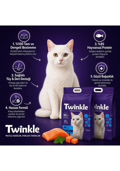 2As Twinkle Yetişkin Kedi Maması 20 Kg - Balıklı Kedi Maması - 2 X 10 Kg Paket -%85 Hayvansal Protein - Tam Ve Dengeli Beslenme - Tüy Ve Deri Desteği 12 Gri