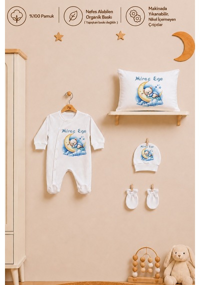 Pia Baby Erkek Bebek Tulum Seti İsim Baskılı %100 Pamuk Yastık Kılıfı Ve Battaniye 1089tyb3x Ekru