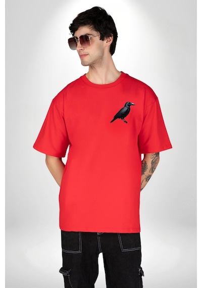 3 Gözlü Kuzgun Kırmızı Oversize Unisex Ön Ve Sırt Baskılı Tişört Kırmızı