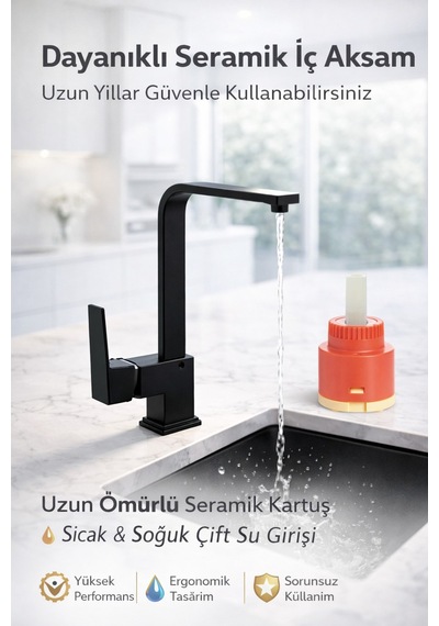 Viosa Kare Tasarım Mutfak Bataryası, Seramik Kartuşlu, Paslanmaz Gövde, Çift Su Girişli Musluk Siyah