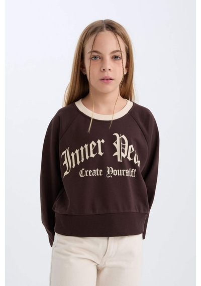 DeFacto Kız Çocuk Relax Fit Bisiklet Yaka Baskılı İçi Yumuşak Tüylü Sweatshirt D7042A824WNBN116